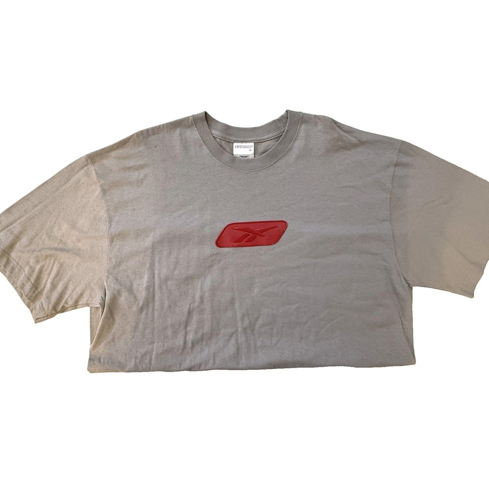 Y2K Reebok TShirt Mens 2XL Gray Vector Logo Rubber Patch 00s Athletic Streetwear